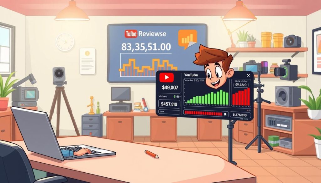 A detailed, well-lit, and meticulously crafted cartoon illustration showcasing the components of YouTube revenue calculation. In the foreground, a lively character sits at a desk, analyzing data on a laptop screen. The middle ground features a dynamic infographic displaying key metrics such as views, subscriber count, and ad revenue. The background depicts a vibrant YouTube workspace, complete with shelves of video equipment and colorful accents. The overall scene conveys a sense of expertise, organization, and the financial potential of a successful YouTube channel.