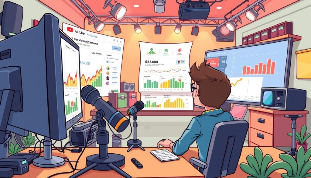 A detailed, whimsical cartoon scene depicting a YouTuber analyzing viewership analytics to calculate potential income. In the foreground, the YouTuber sits at a desk, studying colorful graphs and charts on a large computer screen. Surrounding them, various cartoon props reflect the content creation process - a microphone, camera, video editing software, etc. In the middle ground, a scrolling YouTube interface shows viewer metrics, with playful icons representing likes, comments, and subscribers. The background features a vibrant, stylized YouTube studio, complete with studio lights, shelves of equipment, and a cheerful, energetic atmosphere. The overall mood is one of excitement, creativity, and a touch of humorous analytical focus.