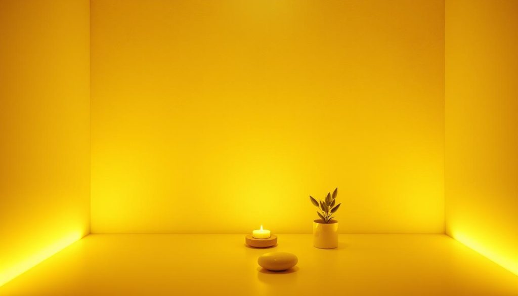 A dimly lit, cozy room with soft, warm lighting that creates a soothing, ASMR-inspired ambiance. The background features a textured, neutral-toned wall, perhaps with a subtle pattern or slight imperfections, adding depth and a natural, handcrafted feel. The middle ground showcases a few carefully curated, minimalist decor elements, such as a small potted plant, a smooth stone, or a simple candle, arranged in a visually pleasing manner. The overall composition emphasizes simplicity, tranquility, and a sense of mindfulness, perfectly capturing the essence of the "انتخاب پسزمینه و بافتهای آرامشبخش" section.
