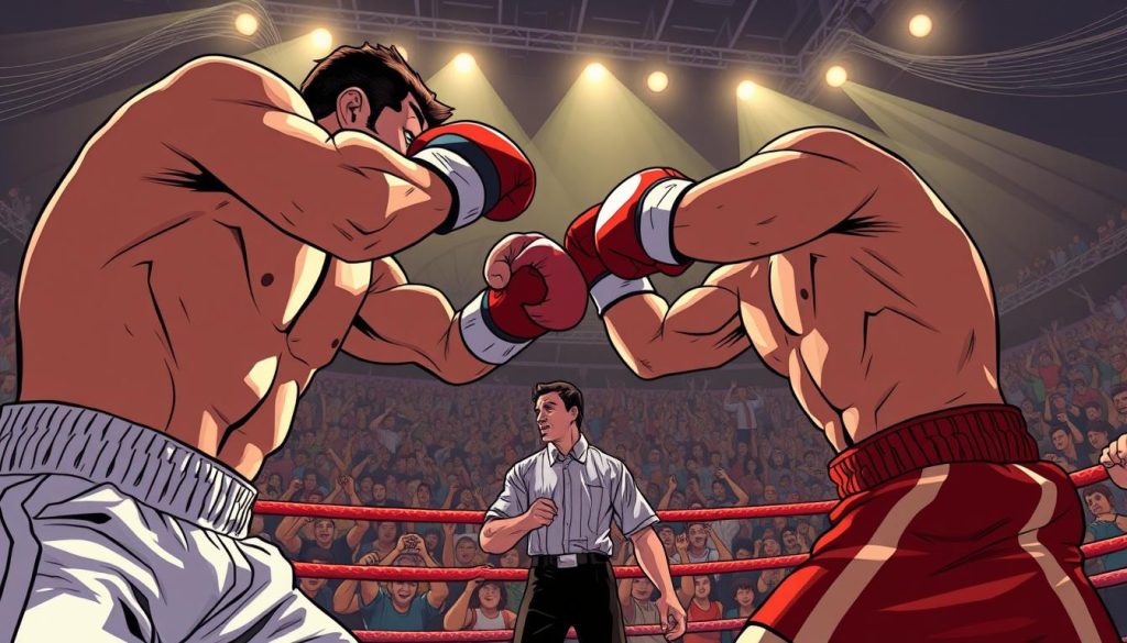 A dynamic, action-packed scene of a fierce boxing match, capturing the intensity and skill of the combatants. The foreground depicts two boxers mid-punch, their muscles straining as they exchange powerful blows. The middle ground showcases the referee, closely monitoring the intense duel. In the background, a packed crowd cheers and roars, creating an electrifying atmosphere. The lighting is dramatic, with sharp shadows and highlights emphasizing the physicality of the match. The camera angle is low, putting the viewer right in the heart of the action, as if they are ringside. The overall tone is one of raw energy, determination, and the thrill of the sport.