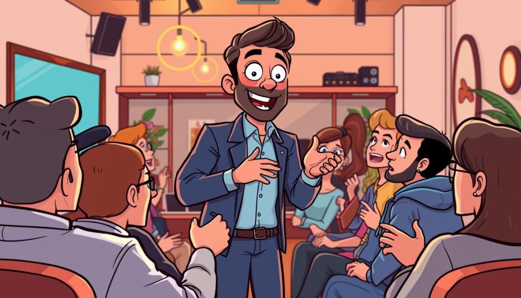 A dynamic and engaging scene depicting a lively interaction between a charismatic host and an enthusiastic audience. The host, portrayed in a vibrant, animated style, gestures expressively while addressing the viewers, who lean forward in their seats, captivated by the engaging presentation. The background features a cozy, modern studio setting with warm lighting and sleek, minimalist decor, creating an inviting atmosphere conducive to dynamic discussions. The overall composition conveys a sense of energy, interactivity, and the host's ability to captivate and engage the audience, reflecting the creative and entertaining nature of the described YouTube talk show.