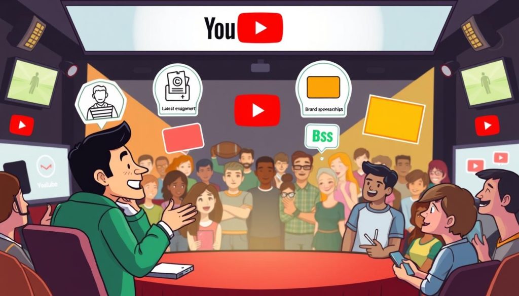 A dynamic and vibrant cartoon-style scene depicting the key benefits of running a successful sports talk show YouTube channel. In the foreground, a host enthusiastically discusses the latest sports news and analysis, surrounded by animated icons representing audience engagement, content monetization, and brand sponsorships. In the middle ground, a diverse audience of viewers intently watches the show, their faces lit by the glow of their digital devices. In the background, the YouTube platform's iconic logo and interface elements frame the dynamic scene, hinting at the global reach and platform features available to successful content creators. The overall mood is one of energy, excitement, and the thrill of building a popular online following through engaging sports-themed entertainment.
