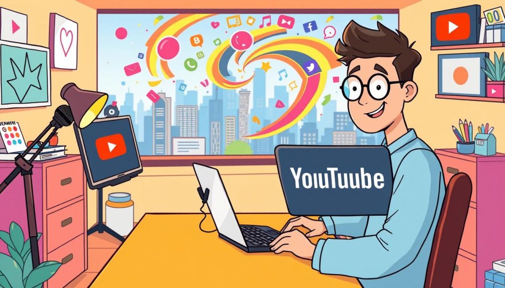 A dynamic and vibrant scene of a person setting up a YouTube channel. In the foreground, a friendly, cartoon-style character sits at a desk, focused on a laptop screen, surrounded by a cozy, colorful workspace filled with creative tools like a microphone, camera, and desk organizers. In the middle ground, a lively swirl of colorful shapes and patterns represents the energetic process of brainstorming, recording, and editing video content. The background features a stylized cityscape, hinting at the global reach and potential of the YouTube platform. The overall mood is one of excitement, creativity, and the thrill of embarking on a new digital adventure.