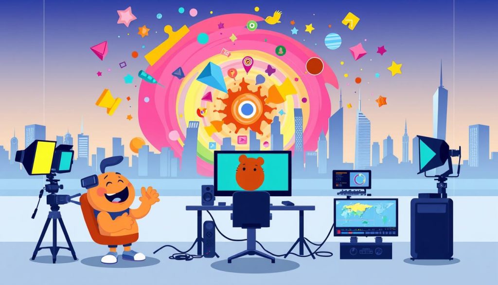 A dynamic, animated scene depicting the creative process of video content production. In the foreground, a vibrant, playful character sits at a workstation, surrounded by an array of video production tools - cameras, lighting equipment, and editing software. The middle ground features a swirling vortex of colorful ideas and inspirations, represented by abstract shapes and patterns. In the background, a sleek, futuristic city skyline serves as a backdrop, hinting at the vast potential and endless possibilities of the digital media landscape. The overall atmosphere is one of energy, innovation, and the boundless creativity that defines the world of video content creation. A dynamic, animated scene depicting the creative process of video content production. In the foreground, a vibrant, playful character sits at a workstation, surrounded by an array of video production tools - cameras, lighting equipment, and editing software. The middle ground features a swirling vortex of colorful ideas and inspirations, represented by abstract shapes and patterns. In the background, a sleek, futuristic city skyline serves as a backdrop, hinting at the vast potential and endless possibilities of the digital media landscape. The overall atmosphere is one of energy, innovation, and the boundless creativity that defines the world of video content creation.
