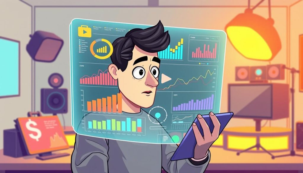 A dynamic cartoon illustration depicting a YouTuber meticulously analyzing their channel's income data on a large holographic display. The YouTuber, with a focused expression, is surrounded by colorful charts, graphs, and financial analytics tools, all bathed in a warm, ambient lighting that creates a contemplative atmosphere. The background features a minimalist, futuristic studio setting with sleek, high-tech equipment, conveying the YouTuber's dedication to optimizing their video content and monetization strategies.