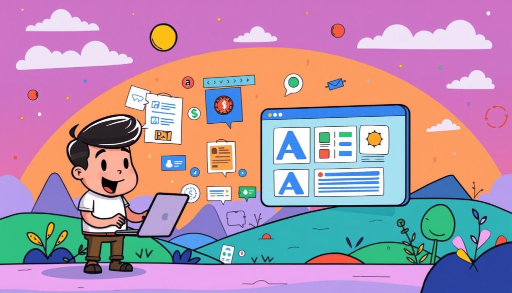 A dynamic, cartoon-style illustration of AdSense services, showcasing a vibrant, colorful world of online monetization. In the foreground, a friendly, relatable character represents the user, interacting with various AdSense features and tools, such as ad placements, performance analytics, and payout management. The middle ground features a stylized, abstract representation of the AdSense platform, with playful iconography and geometric shapes conveying the ease and efficiency of the service. The background sets the scene with a whimsical, digital landscape, hinting at the broader online ecosystem in which AdSense operates. The overall mood is one of accessibility, simplicity, and the empowerment of content creators, reflecting the key benefits of the AdSense platform. A dynamic, cartoon-style illustration of AdSense services, showcasing a vibrant, colorful world of online monetization. In the foreground, a friendly, relatable character represents the user, interacting with various AdSense features and tools, such as ad placements, performance analytics, and payout management. The middle ground features a stylized, abstract representation of the AdSense platform, with playful iconography and geometric shapes conveying the ease and efficiency of the service. The background sets the scene with a whimsical, digital landscape, hinting at the broader online ecosystem in which AdSense operates. The overall mood is one of accessibility, simplicity, and the empowerment of content creators, reflecting the key benefits of the AdSense platform.