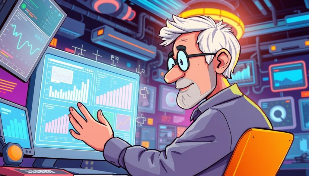 A dynamic, colorful illustration showcasing data analysis in a vibrant, technology-driven environment. The scene depicts a middle-aged person intently examining a large, holographic display of graphs, charts, and visualizations, surrounded by various digital devices and futuristic interface elements. The lighting is a mix of cool tones from the screens and warm, ambient illumination, creating a sense of focus and immersion. The overall composition conveys the power of data-driven insights to enhance and refine digital content, with a playful, cartoon-inspired aesthetic that appeals to the target audience.