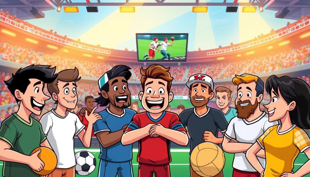 A dynamic, colorful scene showcasing an array of engaging sports topics. In the foreground, a group of animated athletes passionately discuss their favorite sports, gesticulating with lively expressions. The middle ground features an assortment of sports equipment and paraphernalia, hinting at the diverse range of activities. In the background, a vibrant stadium-like setting with cheering fans and a large TV screen displaying highlights. The lighting is warm and inviting, creating an atmosphere of excitement and energy. The overall composition conveys a sense of entertainment, inspiration, and the thrill of sports discourse.