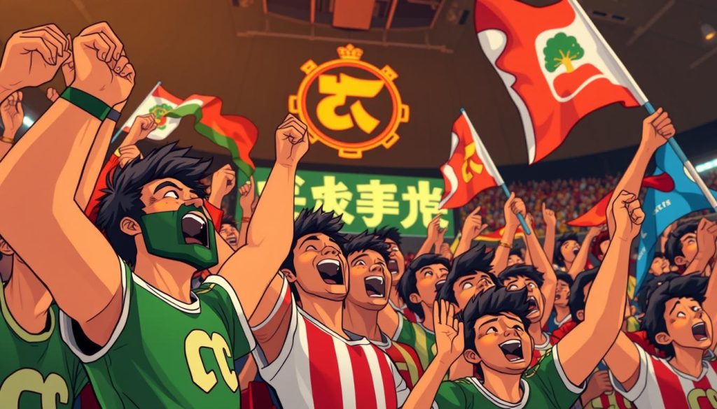 A dynamic crowd cheering passionately, their faces painted in vibrant team colors, waving flags and banners high. In the foreground, a group of devoted fans engage in spirited chants and songs, their energy palpable. The middle ground features a lively stadium atmosphere, with the roar of the crowd echoing through the frame. In the background, the team's iconic logo stands out, symbolizing the unwavering loyalty and unity of the fanbase. The scene is captured with a cinematic, wide-angle lens, emphasizing the scale and intensity of the "فرهنگ هواداری" phenomenon. Warm, energetic lighting sets the mood, conveying the electric atmosphere of a passionate sporting event.