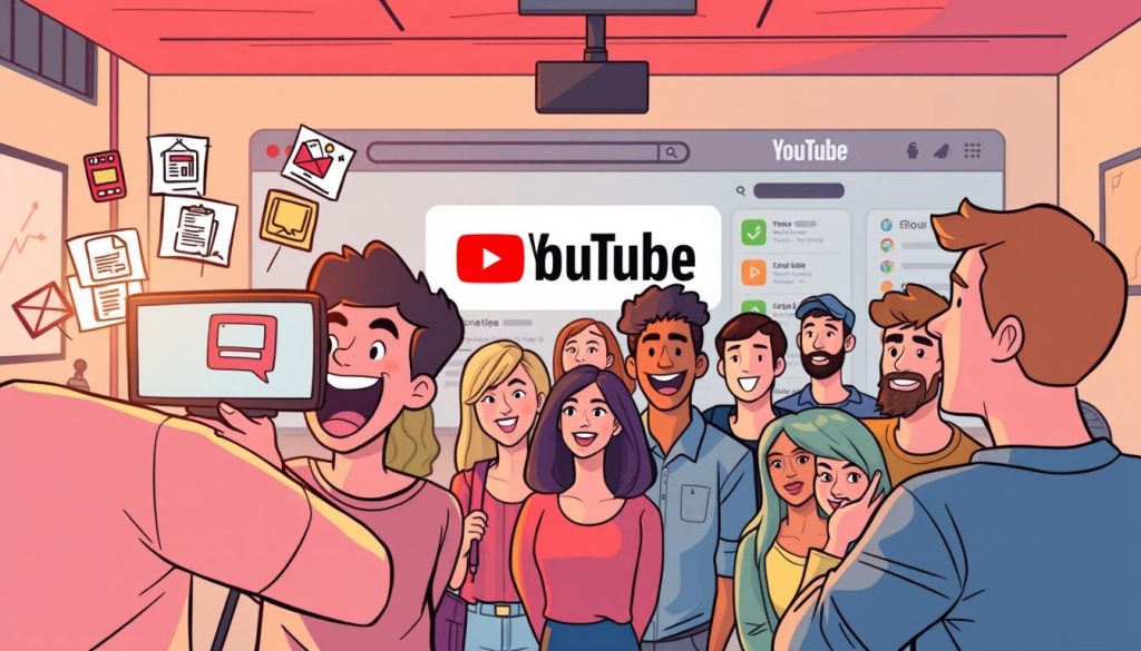 A dynamic, energetic scene showcasing a content strategy for building a YouTube audience. In the foreground, a YouTuber enthusiastically records a video, surrounded by colorful, hand-drawn icons representing different types of content - informative tutorials, entertaining vlogs, and engaging collaborations. In the middle ground, a group of diverse viewers watch intently, their expressions animated and engaged. In the background, a stylized YouTube platform interface provides a sleek, modern backdrop, with subtle branding elements hinting at the channel's identity. Warm, vibrant lighting and a playful, optimistic atmosphere convey the potential for growth and audience connection through a thoughtful, multifaceted content approach.