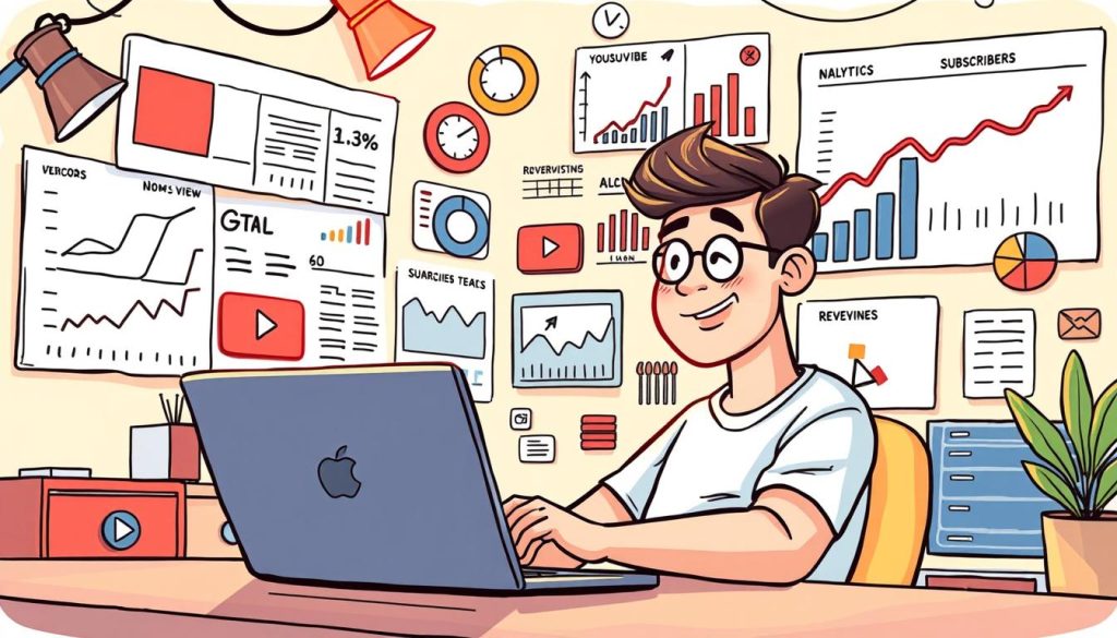 A dynamic, hand-drawn cartoon illustration depicting a YouTube creator analyzing analytics data on a laptop, surrounded by a vibrant array of visualizations, graphs, and metrics showcasing video view count, subscriber growth, and revenue projections. The scene features warm, inviting lighting and a playful, upbeat atmosphere, reflecting the creator's enthusiasm for their content and the potential for monetization through viewer engagement. The composition balances technical details with an imaginative, whimsical style, capturing the essence of the "Calculating Income Based on Views" section of the article. A dynamic, hand-drawn cartoon illustration depicting a YouTube creator analyzing analytics data on a laptop, surrounded by a vibrant array of visualizations, graphs, and metrics showcasing video view count, subscriber growth, and revenue projections. The scene features warm, inviting lighting and a playful, upbeat atmosphere, reflecting the creator's enthusiasm for their content and the potential for monetization through viewer engagement. The composition balances technical details with an imaginative, whimsical style, capturing the essence of the "Calculating Income Based on Views" section of the article.