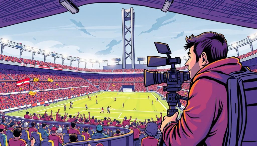 A dynamic, hand-drawn scene of a sports stadium's video production setup. In the foreground, a vlogger stands with a camera, microphone, and other equipment, capturing the bustling atmosphere. The middle ground showcases the stadium's grandstands, filled with energetic fans waving flags and cheering. In the background, the towering structure of the stadium's architecture is rendered in a bold, stylized manner, with vibrant lighting and dynamic camera angles. The overall mood is one of excitement and energy, perfectly capturing the spirit of a sports stadium tour vlog.