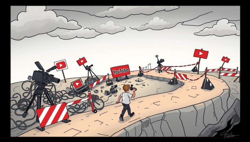 A dynamic scene showcasing the challenges and obstacles in the path of creating a successful YouTube channel. In the foreground, a person navigates a winding, treacherous path, encountering roadblocks, detours, and unexpected hurdles. The middle ground features a jumble of tangled cords, technical equipment, and budgetary constraints, all hindering the progress. In the background, a cloudy, uncertain sky looms, symbolizing the unpredictable nature of the journey. The overall tone is one of determination and perseverance, as the protagonist navigates these challenges with a sense of resilience. Rendered in a whimsical, cartoon-like style, the image conveys the difficulties and setbacks inherent in building a successful online presence.