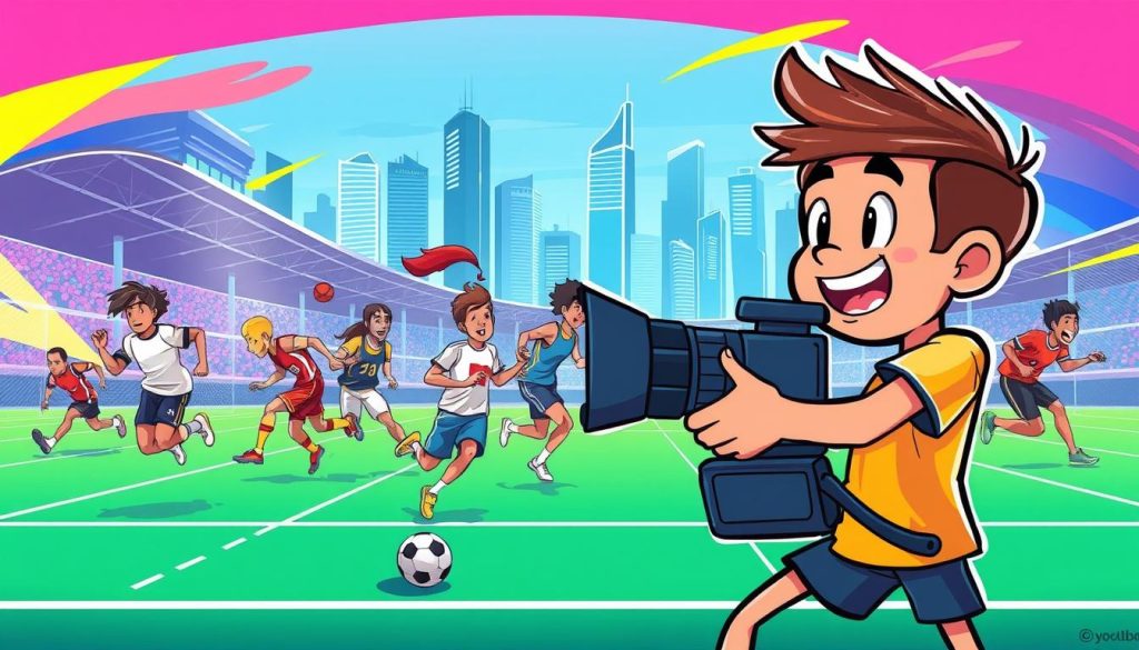 A dynamic sports photography YouTube channel with a vibrant, cartoon-inspired visual style. The foreground features a lively character wielding a professional camera, capturing the fast-paced action of various sports, from soccer and basketball to track and field. The middle ground showcases a diverse array of athletes in motion, each with distinct personalities and energy. The background blends a modern city skyline with vibrant colors and dynamic shapes, creating a sense of excitement and movement. The lighting is bold and dramatic, highlighting the drama and intensity of the sporting events. The overall mood is one of youthful enthusiasm, capturing the joy and thrill of both the photographer and the athletes.