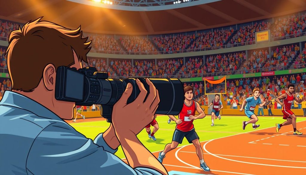 A dynamic sports photography vlog scene with a lively, cartoon-inspired visual style. In the foreground, a sports photographer captures the action using a high-end DSLR camera and a telephoto lens, their face obscured by the camera as they focus intently on their subject. In the middle ground, athletes in vibrant, stylized uniforms engage in various sports like basketball, soccer, and track and field, their movements exaggerated and energetic. The background is filled with a packed stadium or arena, the crowd cheering and waving colorful banners. Warm, saturated lighting casts a celebratory glow over the entire scene, creating an atmosphere of excitement and dynamic energy.