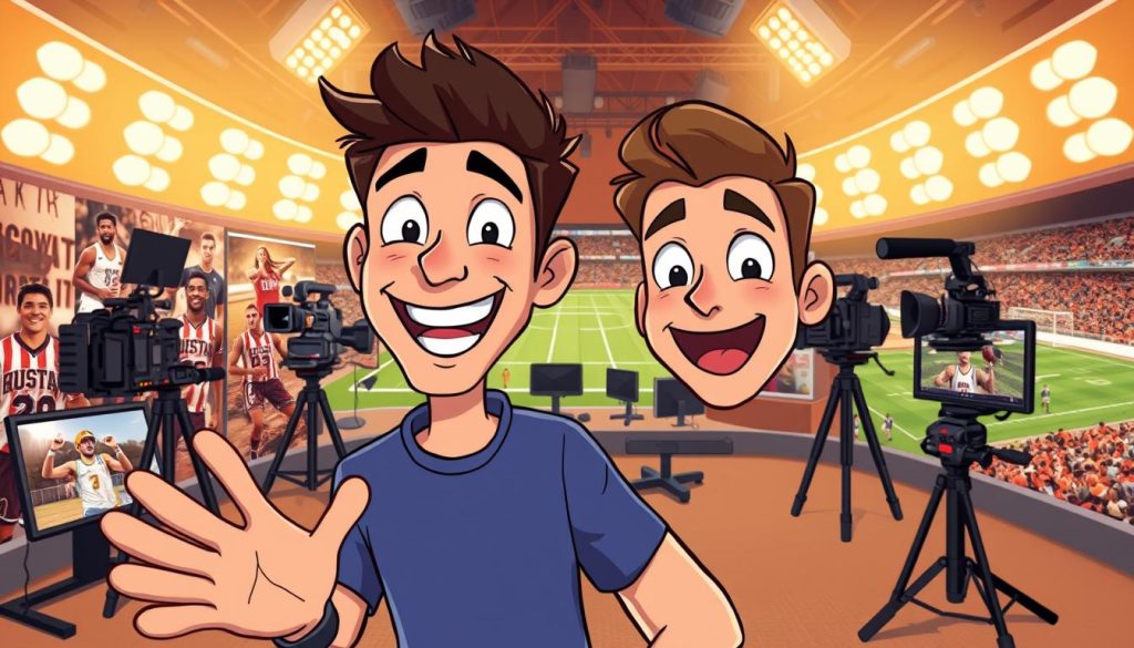 A dynamic, vibrant scene of a YouTuber crafting captivating content. In the foreground, a charismatic host gestures animatedly, their face alight with enthusiasm. The middle ground showcases a well-equipped studio, with an array of cameras, lighting, and high-tech equipment. In the background, a collage of sports imagery - athletes in action, trophies, and stadium crowds - hints at the show's focus on behind-the-scenes stories from the world of competitive sports. The lighting is warm and cinematic, creating a sense of energy and anticipation. The overall mood is one of creativity, passion, and the thrill of uncovering untold narratives. The style is a playful, cartoon-inspired aesthetic, adding to the approachable and engaging nature of the content.