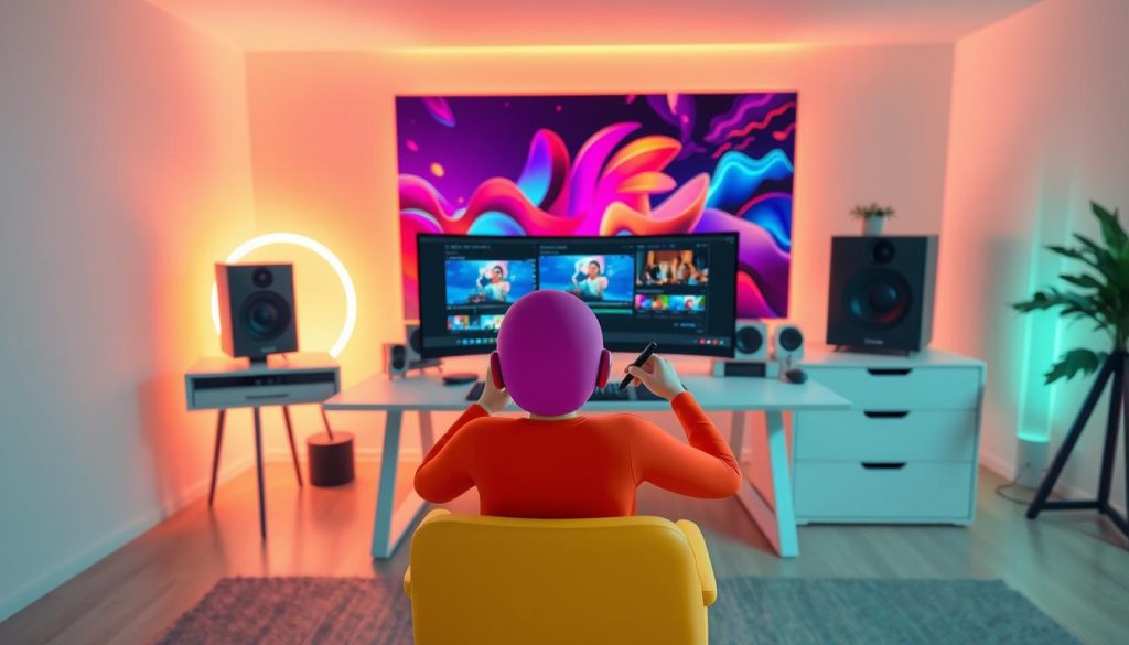 A dynamic, vibrant scene of a video editing suite, complete with an array of sleek, futuristic tech devices. In the foreground, a colorful, cartoonish character sits before a curved ultrawide monitor, their hands skillfully manipulating video clips with a stylus. The middle ground features a minimalist, clean-lined desk and chair, accented with pops of bold, playful hues. The background showcases a wall of neon-tinged abstract art, casting a warm, energetic glow over the entire workspace. Soft, diffused lighting creates a sense of depth and atmosphere, while the camera angle captures the dynamic energy of the video editing process.