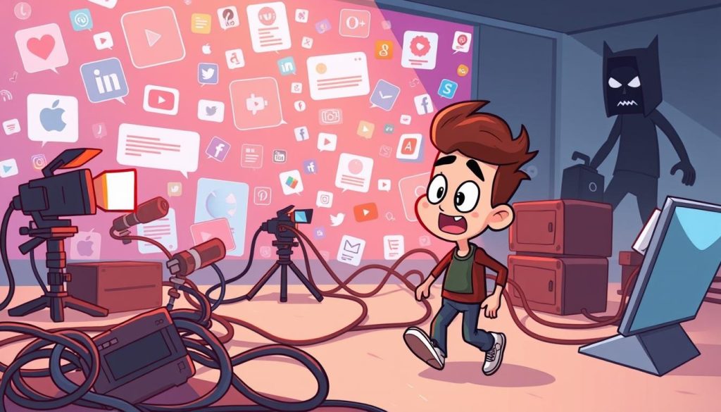 A dynamic, whimsical scene of a YouTuber's channel challenges. In the foreground, a curious character navigates a maze of obstacles, including tangled cables, faulty equipment, and looming deadlines. The middle ground features a backdrop of vibrant, stylized social media platforms, with icons and notifications swirling around. In the background, a shadowy figure representing the algorithm lurks, casting an ominous presence. The overall mood is one of playful determination, as the character navigates the complexities of building a successful YouTube channel. Soft, warm lighting and a slightly exaggerated, cartoon-like aesthetic create a sense of approachability and charm.