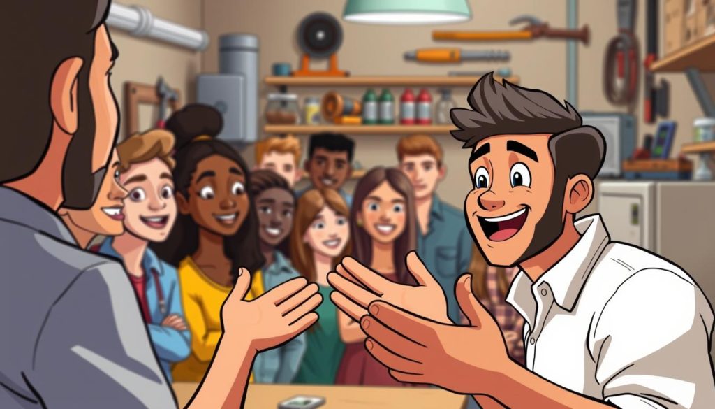 A friendly, approachable YouTuber interacting with their engaged audience. In the foreground, the YouTuber gestures animatedly, their warm expression conveying a genuine connection. The middle ground shows a diverse group of viewers, their faces lit with interest and delight. In the background, a cozy, inviting HVAC workshop setting with tools and equipment, hinting at the video's subject matter. The lighting is soft and natural, creating an atmosphere of open communication and collaborative learning. The overall scene emphasizes the importance of building a strong rapport with one's audience through relatable, personable interactions.