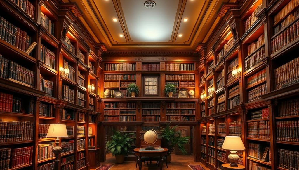A grand, inviting library interior with rich, warm wooden shelves and accents. Soft, diffused lighting bathes the space, creating a cozy, scholarly atmosphere. Antique brass hardware and intricate moldings add elegant touches. Leather-bound volumes line the shelves, complemented by decorative objects like globes, sculptures, and potted plants. The overall design seamlessly blends function and aesthetics, reflecting a sophisticated, timeless style perfect for a book-lover's haven.