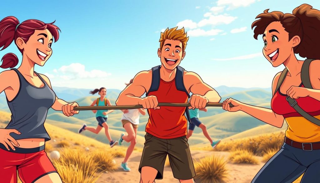 A group of athletic individuals on a lively outdoor adventure, their faces alight with excitement as they explore a scenic landscape. In the foreground, a trio of smiling, active people in sportswear engage in a playful tug-of-war, their muscles straining against each other. In the middle ground, a pair of runners dash past, their dynamic figures captured in a cartoonish, animated style. In the background, rolling hills and a vibrant blue sky provide a serene, picturesque setting, complementing the energetic foreground. The lighting is warm and natural, casting a golden glow over the scene. The overall mood is one of camaraderie, adventure, and a joyful appreciation for the great outdoors.