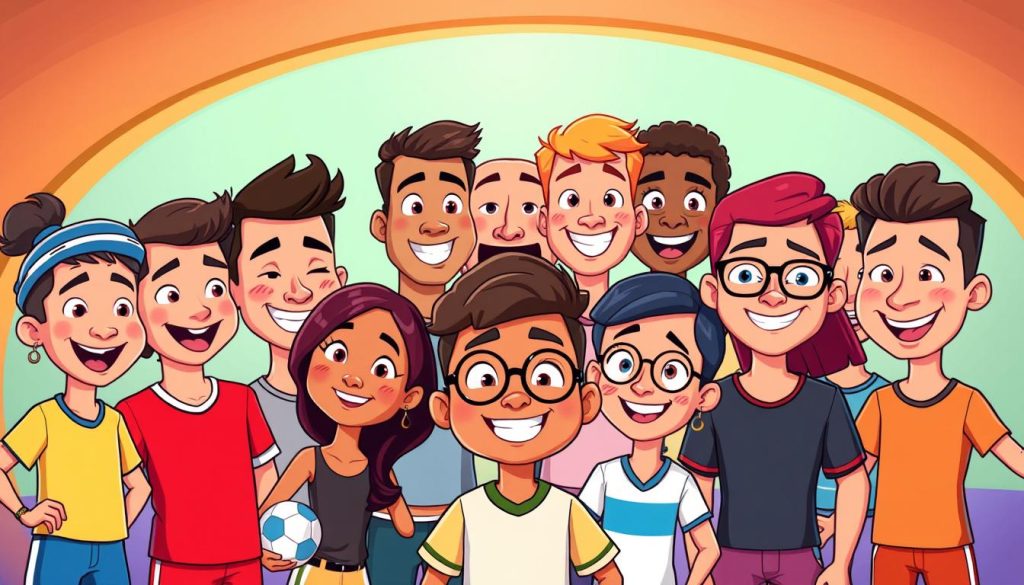 A group of diverse and animated characters, representing the target audience for a sports-themed comedy YouTube channel. Set against a vibrant, playful background, the characters display a range of ages, genders, and ethnicities, each with a unique personality and expression. The scene is illuminated by a warm, inviting lighting, captured through a wide-angle lens that emphasizes the characters' dynamic interactions and the overall sense of energy and camaraderie. The mood is lighthearted and humorous, perfectly capturing the essence of the YouTube channel's content and its appeal to a broad, engaged viewership.