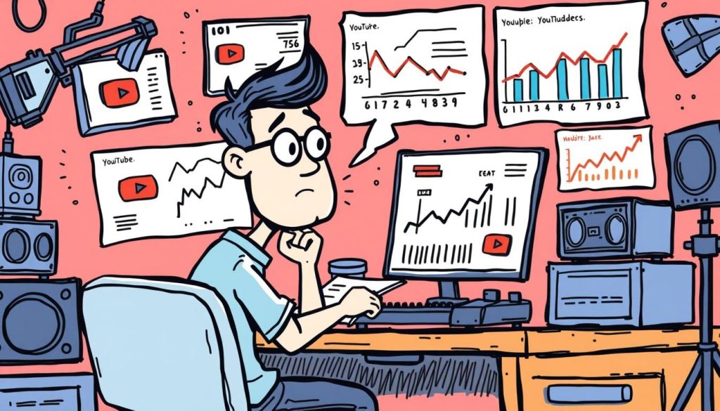 A hand-drawn, whimsical illustration depicting a cartoon character, perhaps a YouTuber or content creator, sitting at a desk surrounded by various media production equipment and analyzing charts and graphs displaying YouTube analytics and revenue data. The character has a contemplative expression, deep in thought about the financial aspects of running a YouTube channel. The background should be vibrant and colorful, with elements that evoke the idea of a modern, technology-driven workspace. The overall mood should be one of thoughtful consideration of the opportunities and challenges of earning income through online content creation.