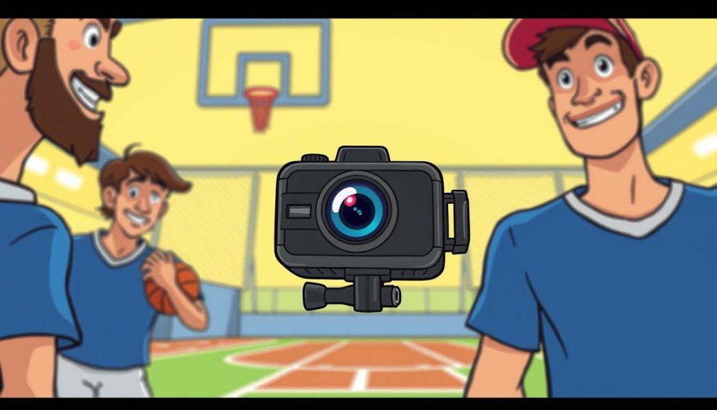 A hidden camera disguised as a small, inconspicuous object, capturing candid moments of unsuspecting sports athletes as they engage in lighthearted pranks and playful shenanigans. The frame showcases a vibrant, cartoon-like aesthetic, with a mischievous, humorous tone. The camera is positioned subtly, blending seamlessly into the background, its lens peeking out from an innocuous object, such as a sports equipment or a piece of sports apparel. The overall scene exudes a sense of playfulness and good-natured fun, reflecting the essence of the YouTube channel's content focused on sports-related practical jokes and hidden camera stunts.