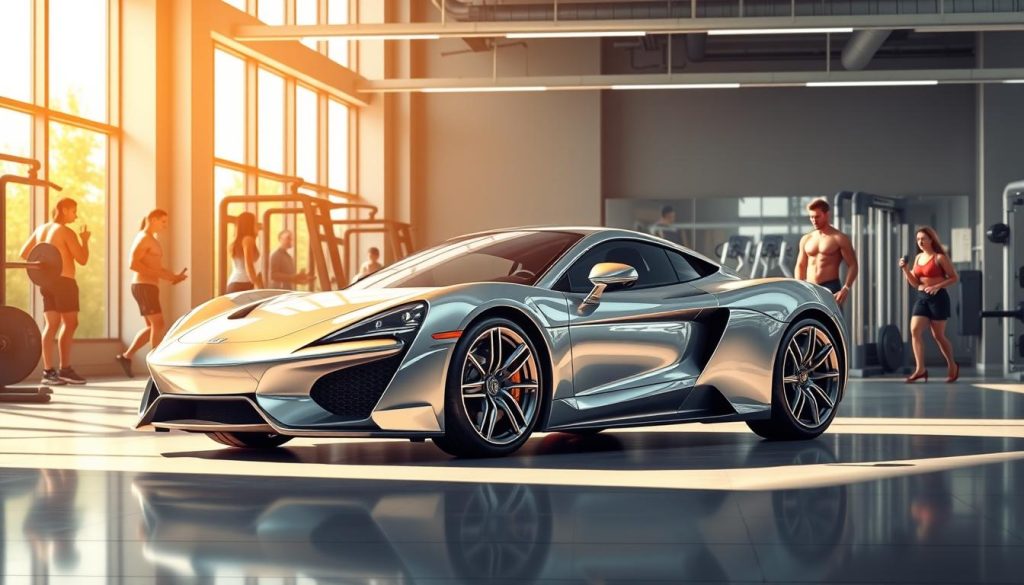 A high-end sports car parked in the center of a modern, well-equipped gym. The sleek, aerodynamic design of the vehicle reflects the muscular physique and athletic prowess of the fitness enthusiasts working out in the background. Bright, natural lighting filters in through floor-to-ceiling windows, casting a warm, energetic glow over the scene. The car's glossy paint job and chrome accents gleam, mirroring the sheen of the weight equipment and machinery. The overall composition suggests a harmonious interplay between the world of high-performance automobiles and the pursuit of physical excellence.