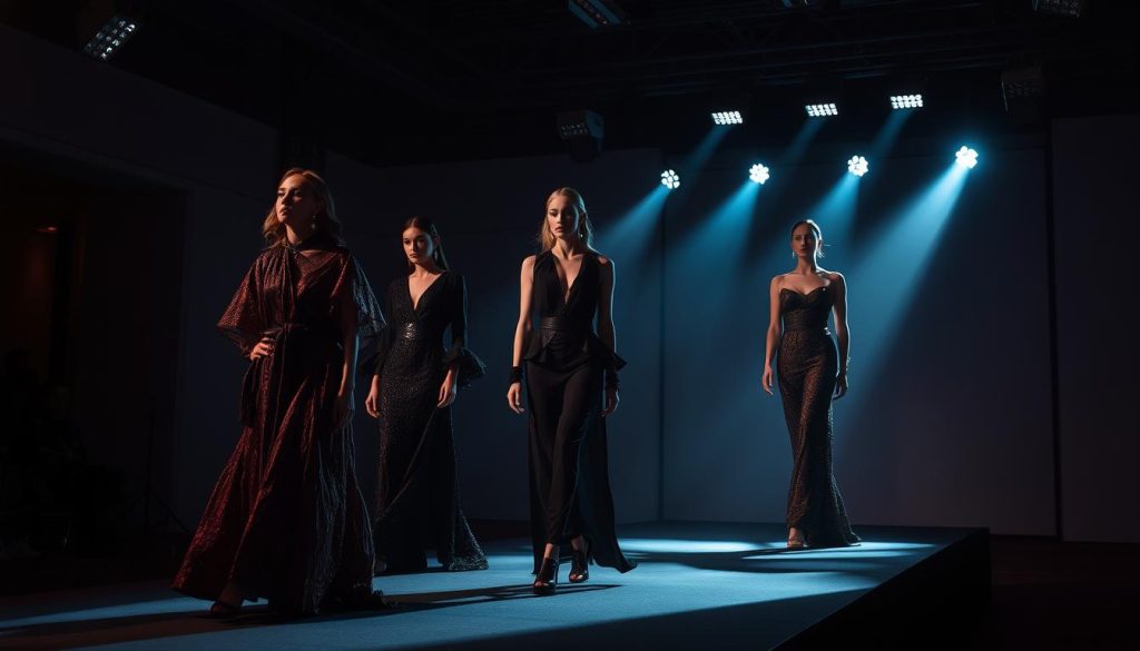 A high-fashion runway set with dramatic, theatrical lighting. Stark shadows and dramatic highlights accentuate the intricate textures and luxurious fabrics of the garments. The scene is bathed in a mix of cool and warm tones, creating a sense of dramatic tension. Directional lighting from above and angled side spotlights cast dramatic, angular shadows that sculpt the models' forms. The background is a simple, minimalist set with clean lines and muted colors, allowing the clothing to take center stage. The overall mood is one of sophistication, exclusivity, and the glamour of the fashion industry.