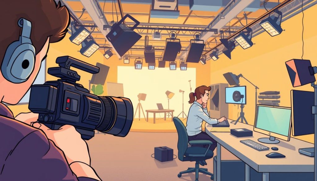 A high-quality video production studio, filled with modern equipment and a vibrant, creative atmosphere. In the foreground, a cinematographer films with a professional-grade camera, their skilled hands adjusting the lens and settings. In the middle ground, a video editor meticulously works on a computer, refining the footage with precision. The background showcases a well-lit set, complete with lighting rigs, backdrops, and various props, ready for the next shoot. The overall scene conveys a sense of expertise, attention to detail, and a dedication to crafting exceptional video content. The style is a stylized, cartoon-like illustration, with exaggerated features and a playful, approachable tone.