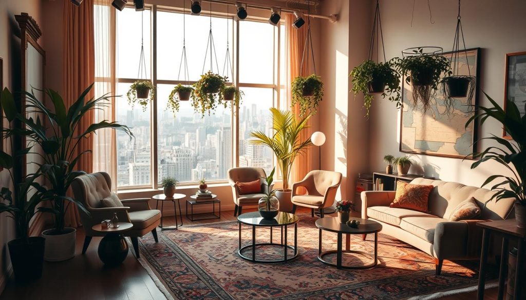 A lavish international studio setting, bathed in soft, warm lighting. Elegant furnishings and decor elements from around the world - ornate Persian rugs, mid-century modern chairs, hanging plants, and a large window overlooking a bustling cityscape. The composition is balanced and visually striking, creating an aspirational, high-fashion atmosphere. The overall mood is one of sophisticated style and global inspiration, perfectly suited to illustrate a section on international elements in a fashion-focused YouTube channel's decor.