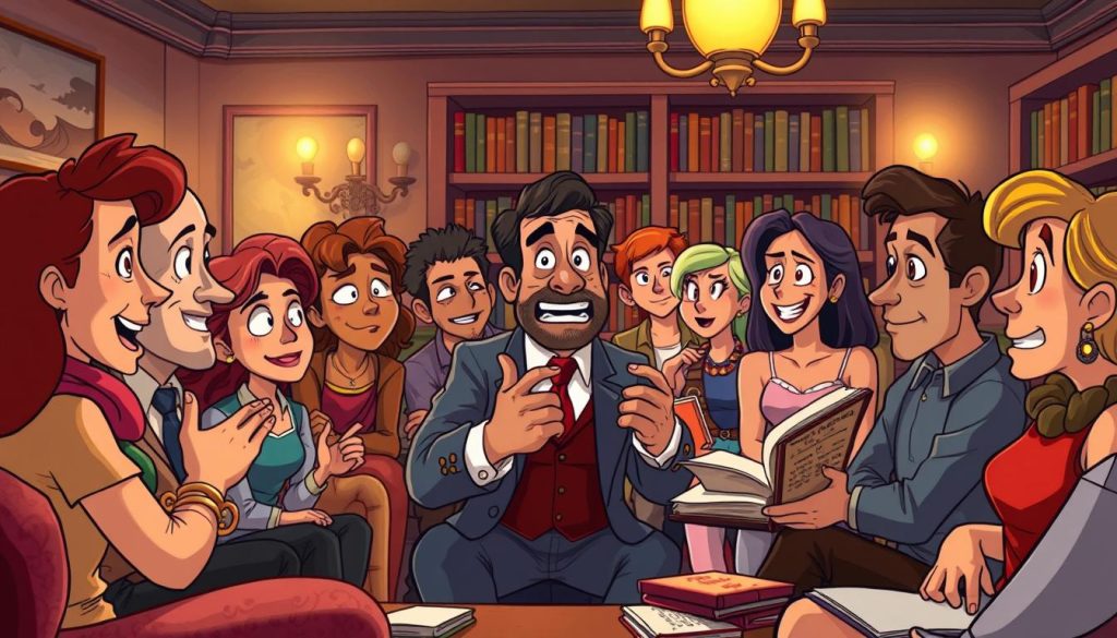 A lively, animated scene depicting a group of diverse, expressive characters engaged in a captivating discussion. The foreground features a charismatic speaker gesturing passionately, surrounded by an attentive audience leaning in with rapt attention. The middle ground showcases a cozy, inviting setting with plush furniture and warm lighting, creating an atmosphere of intellectual discourse. The background subtly suggests a bookshelf-lined study, hinting at the literary themes of the content. The overall mood is one of enthusiasm, curiosity, and a shared love of classic literature.