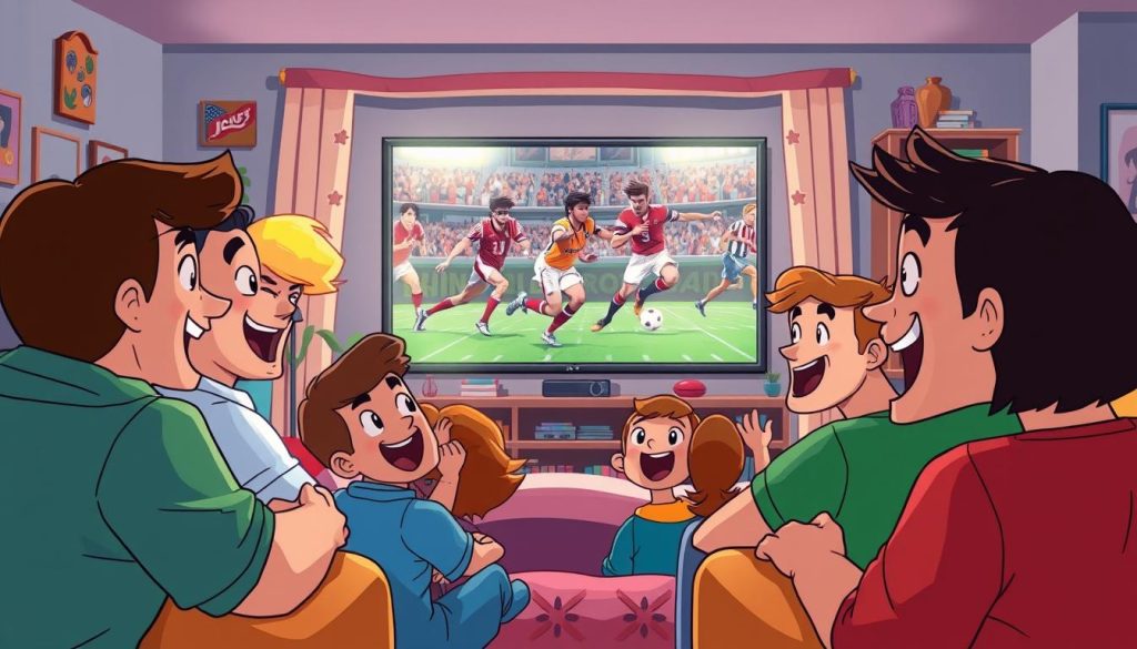 A lively, animated scene depicting a group of enthusiastic fans watching a thrilling sports film. The foreground features a diverse array of expressive characters, their faces alight with emotion as they react to the onscreen drama. In the middle ground, the screen itself displays a dynamic sports sequence, with players engaged in intense physical action. The background showcases a cozy, inviting living room setting, with plush furniture, vibrant colors, and personal touches that create a sense of comfort and camaraderie. The overall atmosphere is one of excitement, shared experience, and the thrill of immersing oneself in the world of sports through captivating visual media.