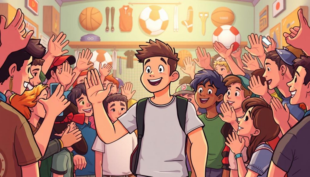 A lively cartoon scene of a YouTuber engaging with their enthusiastic fanbase. In the foreground, the YouTuber stands amidst a crowd of animated supporters, hands raised in excitement as they exchange autographs and photos. The middle ground features a vibrant backdrop of sports equipment and memorabilia, hinting at the channel's content. Soft, warm lighting creates an atmosphere of connection and community. The composition emphasizes the dynamic interaction between the creator and their dedicated followers, capturing the spirit of the "Connecting with Fans" section.