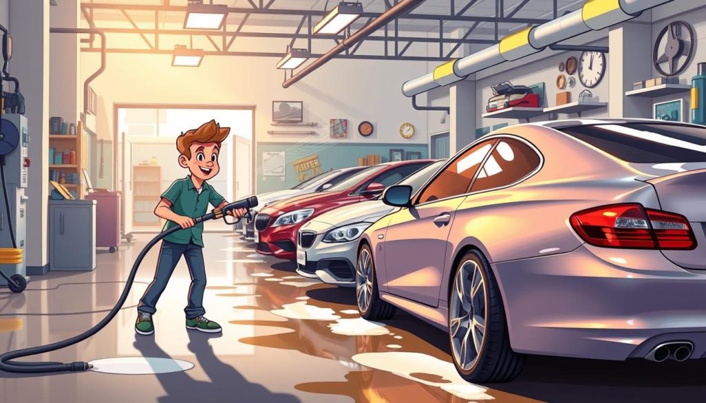 A lively, cartoon-style illustration of a car wash and detailing business, showcasing a vibrant, profitable YouTube channel. In the foreground, an animated character enthusiastically operates a high-powered pressure washer, meticulously cleaning a shiny, well-detailed vehicle. In the middle ground, a row of cars awaits their turn, their owners eagerly watching the process. The background features a modern, well-equipped garage with various detailing tools and supplies, creating an atmosphere of efficiency and productivity. The lighting is warm and inviting, with dynamic camera angles and a playful, energetic mood that captures the potential for substantial revenue generation from this YouTube venture.
