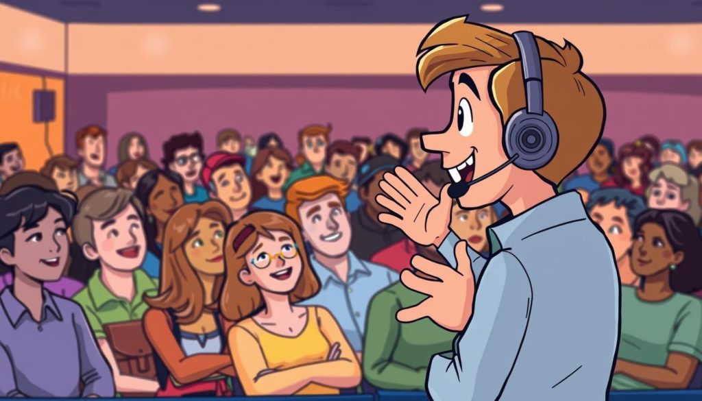 A lively, engaging illustration showcasing the importance of interacting with an audience. In the foreground, an animated character wearing a headset stands before a crowd, gesturing enthusiastically and making eye contact. The middle ground features a diverse group of attentive viewers, their expressions ranging from rapt attention to eager participation. The background depicts a vibrant, colorful setting, perhaps a stage or conference hall, with subtle lighting that highlights the dynamic scene. The overall mood is one of open communication, collaboration, and a shared sense of connection between the presenter and their audience.
