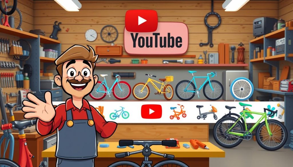 A lively scene of a vibrant YouTube channel focused on bicycle repair and related services. In the foreground, a charismatic cartoon host gestures enthusiastically, surrounded by a variety of repair tools and bicycle parts. The middle ground features an array of colorful, stylized bicycle icons, each with unique personalities, representing the diverse content and services offered. In the background, a warm, inviting workshop setting with workbenches, shelves, and a large YouTube logo, conveying a sense of expertise, community, and engagement. Soft lighting accentuates the friendly, approachable atmosphere, inviting viewers to join the channel's journey of bicycle maintenance and DIY solutions. A lively scene of a vibrant YouTube channel focused on bicycle repair and related services. In the foreground, a charismatic cartoon host gestures enthusiastically, surrounded by a variety of repair tools and bicycle parts. The middle ground features an array of colorful, stylized bicycle icons, each with unique personalities, representing the diverse content and services offered. In the background, a warm, inviting workshop setting with workbenches, shelves, and a large YouTube logo, conveying a sense of expertise, community, and engagement. Soft lighting accentuates the friendly, approachable atmosphere, inviting viewers to join the channel's journey of bicycle maintenance and DIY solutions.