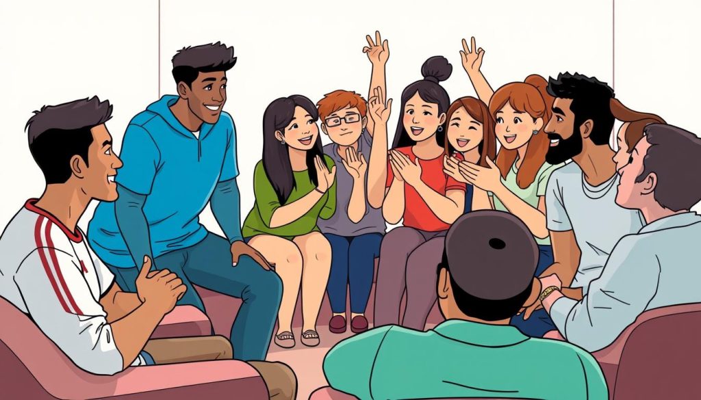 A lively scene of an intimate athlete Q&A session, with a group of fans gathered around a professional sportsperson. The foreground showcases the athlete, sitting comfortably and engaged in a friendly dialogue, their expression warm and open. The middle ground depicts the audience, a diverse mix of people eagerly raising their hands and leaning forward, their faces animated with curiosity and excitement. The background features a simple, clean setting, with minimalist decor and soft, diffused lighting that creates a cozy, welcoming atmosphere. The overall mood is one of genuine connection and mutual understanding, capturing the essence of the "Athlete Q&A sessions و تعامل بیشتر" section of the article.