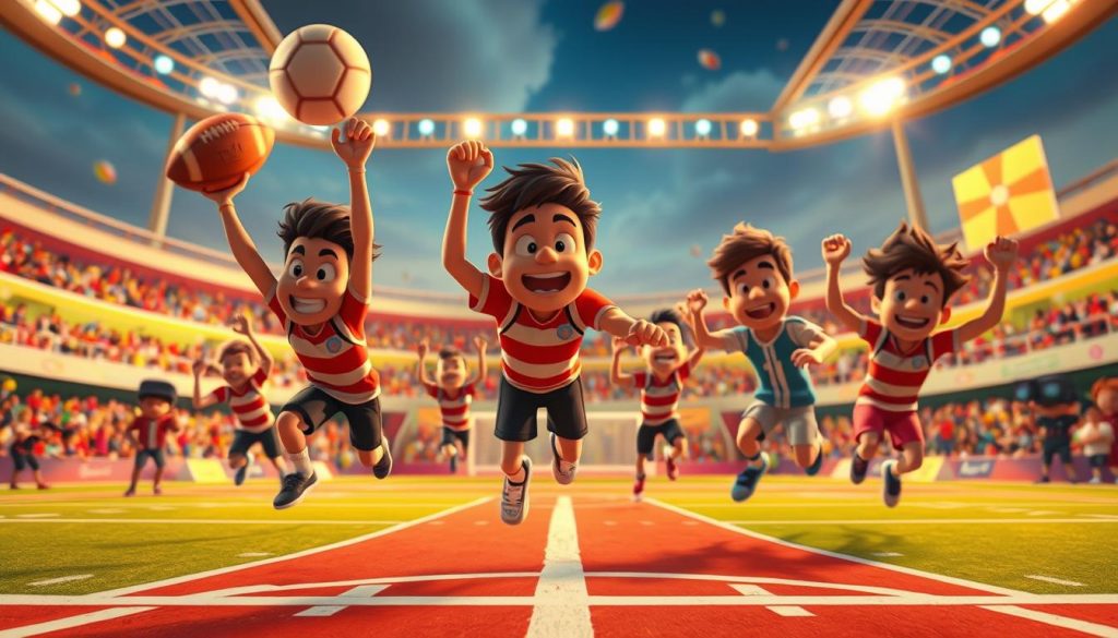 A lively scene of sports parody videos, showcasing a dynamic group of cartoon characters engaged in humorous, over-the-top athletic feats. The foreground features a team of zany, exaggerated athletes performing outrageous stunts, their movements captured with a sense of slapstick energy. The middle ground reveals a vibrant, playful stadium backdrop, complete with cheering fans and whimsical sports equipment. The background immerses the viewer in a dreamlike, stylized environment, where the boundaries of reality are blurred, creating a captivating and visually engaging atmosphere. Warm, saturated lighting and a cinematic camera angle heighten the sense of comedic spectacle, inviting the viewer to experience the playful and irreverent nature of these sports parody videos.
