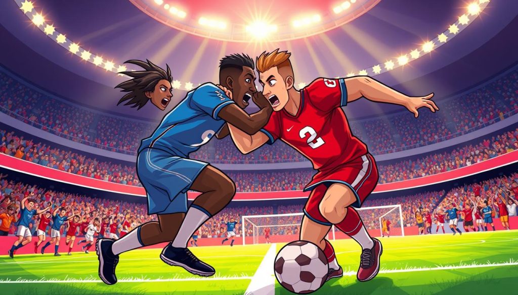 A lively scene of two athletes, one in blue and one in red, locked in a spirited competition on a vibrant sports field. The background features a stadium filled with cheering fans, creating an electric atmosphere. The figures are rendered in a dynamic, cartoonish style, emphasizing the drama and energy of the moment. Bright, warm lighting illuminates the scene, casting dramatic shadows and highlighting the athletes' determined expressions. The composition captures the essence of the clash between rivalry and camaraderie, where the thrill of competition is balanced by the mutual respect and teamwork that underpins the sporting experience.
