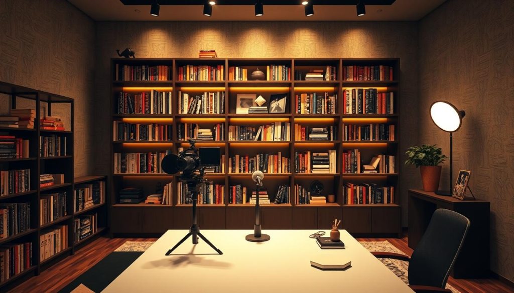 A luxurious, modern library-inspired YouTube studio setup with warm, soft lighting. A large, elegant bookshelf dominates the middle ground, filled with a diverse collection of books and decorative items. In the foreground, a sleek, minimalist desk with a professional-grade camera, microphone, and other video equipment. The background features a subtle, textured wall with a subtle bookshelf pattern, creating a cozy, sophisticated atmosphere. The overall scene conveys a sense of creativity, productivity, and intellectual depth, perfectly suited for a high-quality book review content creator.