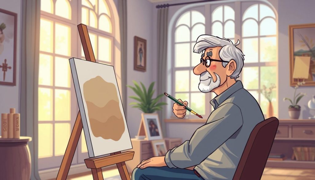 A mature adult engaged in a thoughtful, expressive painting session. The scene depicts a serene studio setting with natural lighting filtering through large windows, casting a warm, contemplative atmosphere. The subject, a person in their 40s or 50s, is seated before an easel, brush in hand, deep in concentration as they bring their artistic vision to life on the canvas. The background features a well-appointed room with tasteful decor, hinting at the subject's creative and intellectual pursuits. The style is a whimsical, cartoon-like interpretation, capturing the joy and fulfillment found in the creative process, even in one's middle years. A mature adult engaged in a thoughtful, expressive painting session. The scene depicts a serene studio setting with natural lighting filtering through large windows, casting a warm, contemplative atmosphere. The subject, a person in their 40s or 50s, is seated before an easel, brush in hand, deep in concentration as they bring their artistic vision to life on the canvas. The background features a well-appointed room with tasteful decor, hinting at the subject's creative and intellectual pursuits. The style is a whimsical, cartoon-like interpretation, capturing the joy and fulfillment found in the creative process, even in one's middle years.