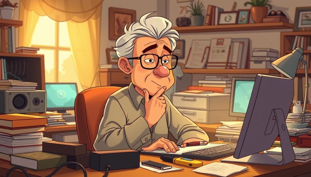 A mature individual passionately creating digital content, drawing from their vast personal experiences. The scene depicts a thoughtful, well-established figure sitting at a cluttered desk, surrounded by an array of creative tools and technology. Soft, warm lighting illuminates the composition, creating an atmosphere of focused contemplation. The character's expression conveys a sense of wisdom and authenticity as they pour their heart into crafting impactful digital tutorials. The background features a cozy, homelike setting, suggesting a comfortable, authentic work environment. The overall mood is one of dedication, expertise, and a genuine desire to share valuable knowledge through visually engaging, cartoon-style illustrations.