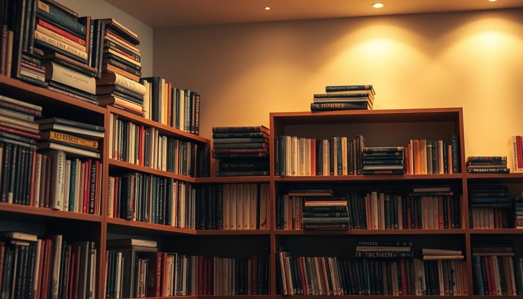 A meticulously arranged bookshelf, casting a warm glow from soft overhead lighting. Books of various sizes and colors are stacked and displayed with intentional precision, creating a visually appealing and harmonious composition. The shelves are positioned at an angle, adding a dynamic touch to the scene. Subtle shadows and highlights accentuate the textures of the book spines, wood, and any decorative elements present. The overall atmosphere conveys a sense of refined sophistication and intellectual engagement, perfectly suited for a high-quality book review video backdrop.