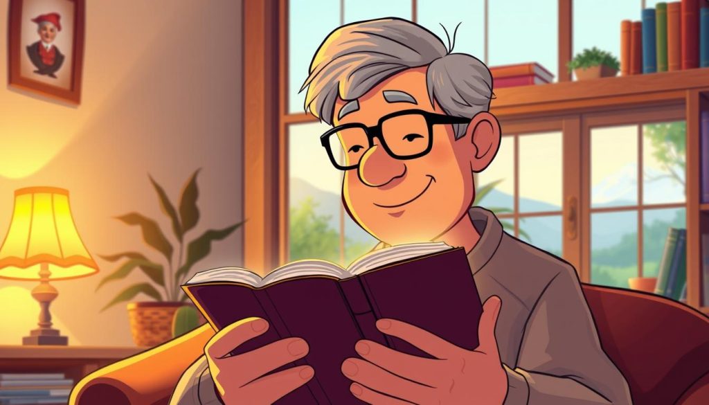 A middle-aged person, glasses perched on their nose, engrossed in a book, surrounded by a cozy, well-lit home library. Warm, soft lighting casts a comforting glow, highlighting the joy of reading. In the background, a window overlooking a tranquil, natural landscape, hinting at the connection between reading and inner peace. The scene conveys a sense of contentment, wisdom, and the lifelong pursuit of knowledge, inspiring viewers to embrace the reading habit at any age.