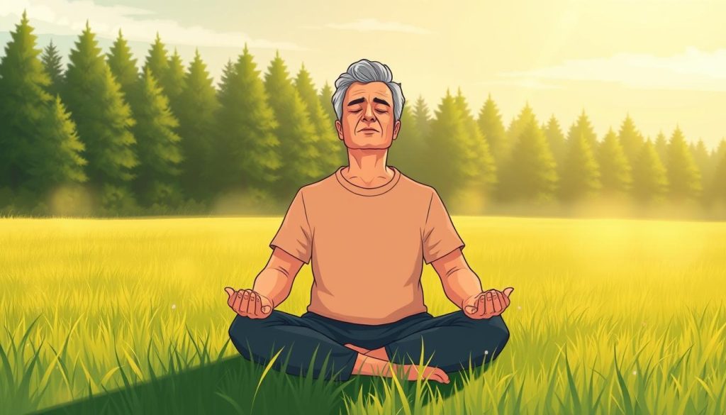 A middle-aged person sitting cross-legged in a tranquil meadow, meditating with their eyes closed. Their face is serene, their posture relaxed. The scene is bathed in soft, warm lighting, with gentle rays of sunlight filtering through wispy clouds. In the background, a lush, verdant forest stands tall, conveying a sense of balance and harmony. The overall mood is one of contemplation, inner peace, and mindful movement, perfectly suited for the article's subject on meditation techniques for those over 40.