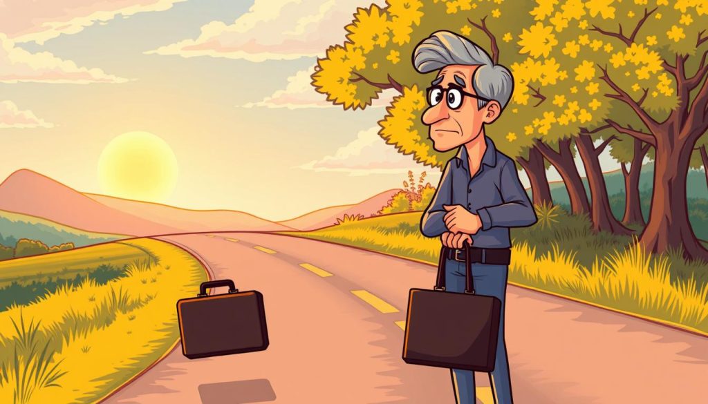 A middle-aged person stands at a crossroads, contemplating a career change. In the foreground, they hold a briefcase, symbolizing their current occupation, while gazing pensively at a road diverging into two paths. The background depicts a vibrant, sun-dappled landscape, suggesting the potential for a new, fulfilling direction. Cartoon-style illustrations capture the person's thoughtful expression and the sense of excitement and uncertainty that comes with reinventing oneself in midlife. Warm lighting casts a hopeful glow, hinting at the possibilities that lie ahead on this journey of professional transformation. A middle-aged person stands at a crossroads, contemplating a career change. In the foreground, they hold a briefcase, symbolizing their current occupation, while gazing pensively at a road diverging into two paths. The background depicts a vibrant, sun-dappled landscape, suggesting the potential for a new, fulfilling direction. Cartoon-style illustrations capture the person's thoughtful expression and the sense of excitement and uncertainty that comes with reinventing oneself in midlife. Warm lighting casts a hopeful glow, hinting at the possibilities that lie ahead on this journey of professional transformation.