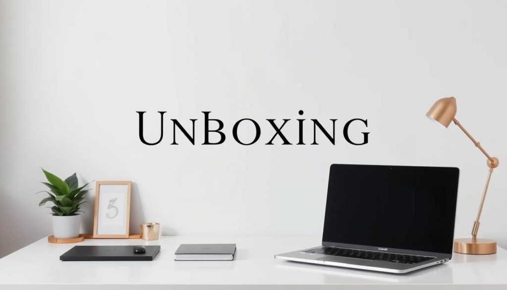 A minimalist and stylish YouTube unboxing setup, with a clean white background and soft, diffused lighting. A sleek, modern desk with a black laptop and a few carefully curated decor items, such as a potted plant, a simple framed artwork, and a set of metallic desk accessories. The composition creates a sense of balance and simplicity, highlighting the unboxing experience as the focal point. The overall atmosphere is professional, inviting, and effortlessly chic.