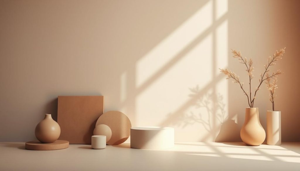 A minimalist and visually striking composition featuring a collection of simple, geometric forms in muted, earthy tones. The layout is carefully balanced, with each element purposefully positioned to create a sense of visual harmony. Soft, natural lighting illuminates the scene, casting gentle shadows that add depth and dimension. The overall mood is one of quiet contemplation, inviting the viewer to appreciate the inherent beauty and elegance of the carefully curated visual elements.